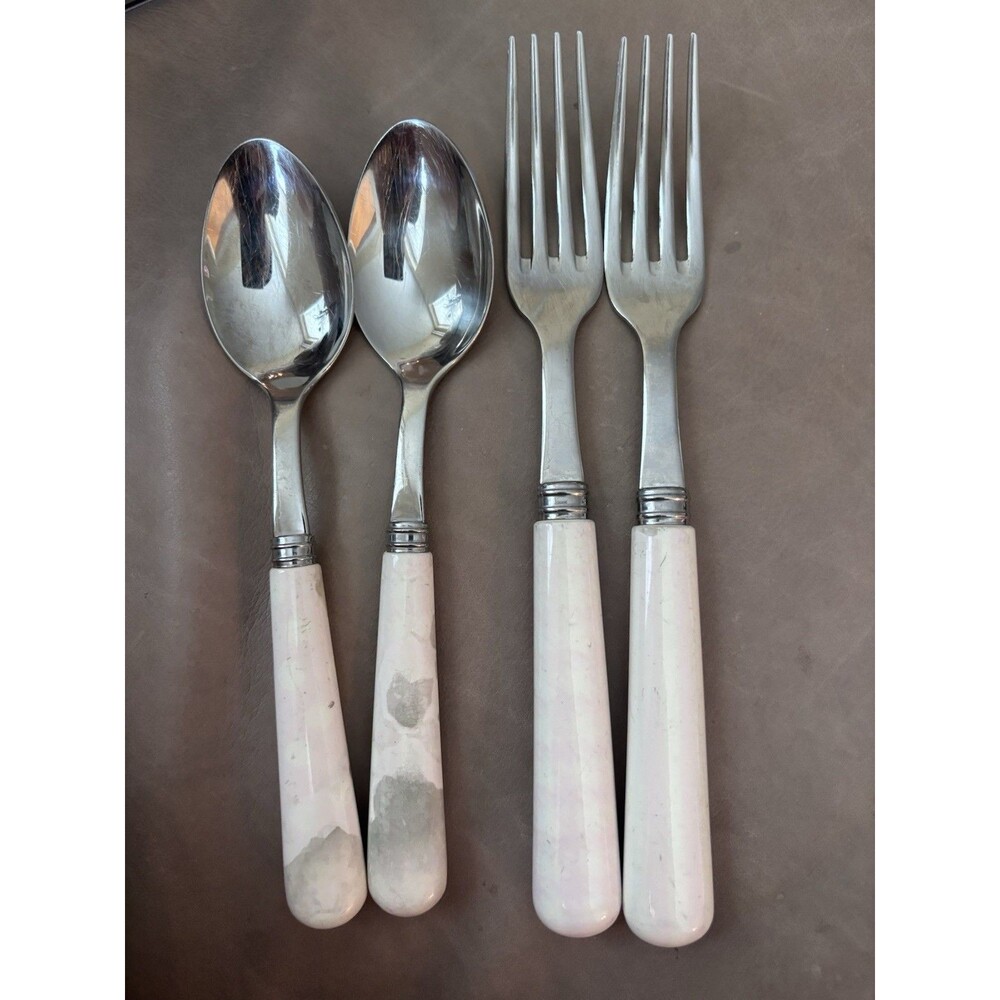 Sabre Paris France 18/10 Flatware Set 4 White Resin Handle Dinner Forks & Spoons
